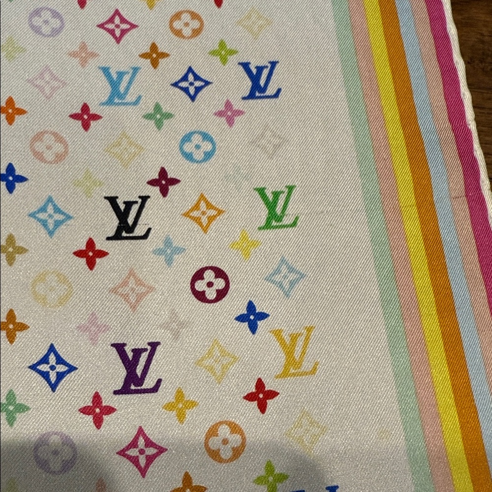 Louis Vuitton Takashi Murakami White Multicolor Silk Scarf 26.5x26.5” - Picture 7 of 13